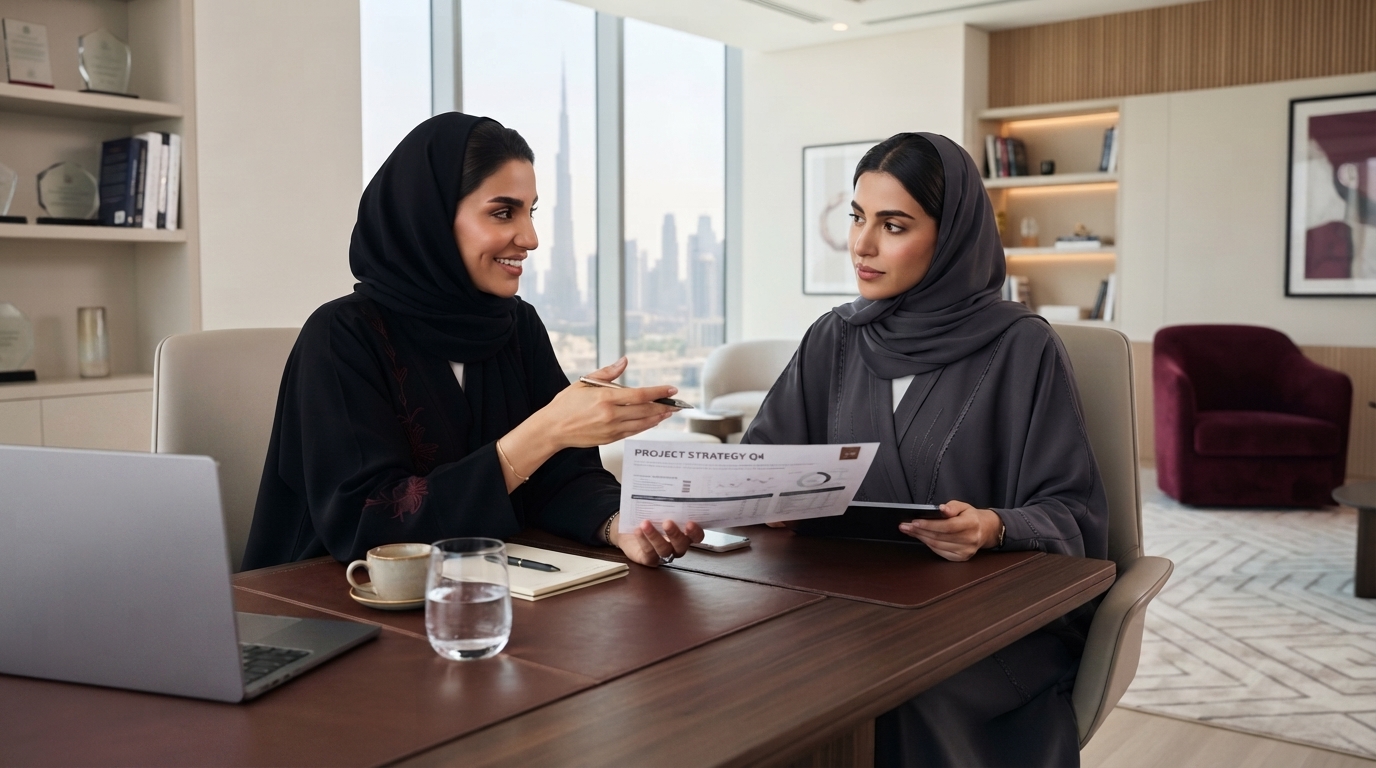 سيدتان تناقشان وثيقة عمل في مكتب